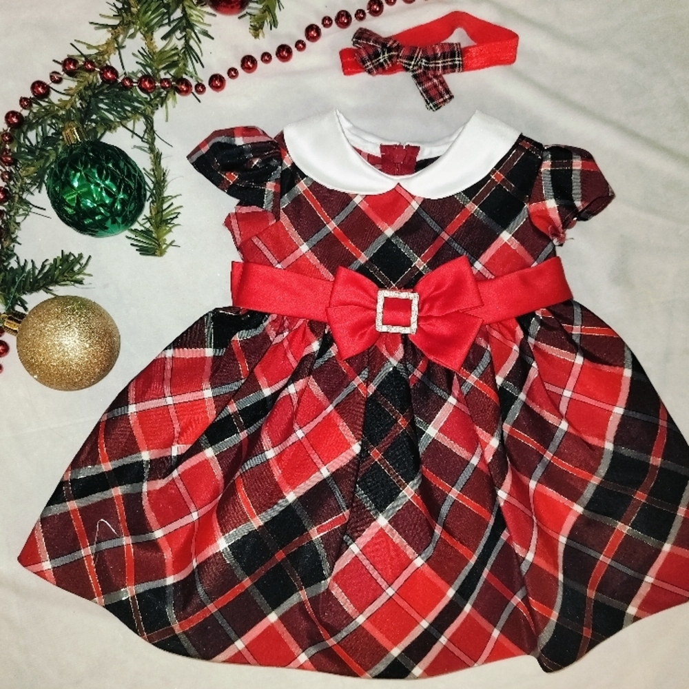 Red Plaid Baby Holiday Dress with Headband